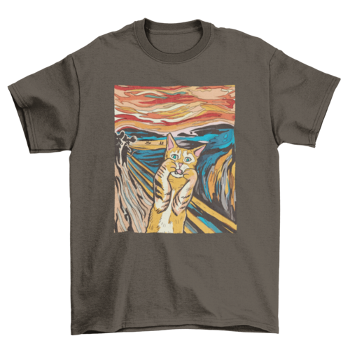 Turquoise Theseus parody cat T-shirt featuring a graphic inspired by The Scream artwork, casual fit, soft cotton fabric.