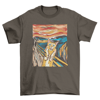 Turquoise Theseus parody cat T-shirt featuring a graphic inspired by The Scream artwork, casual fit, soft cotton fabric.