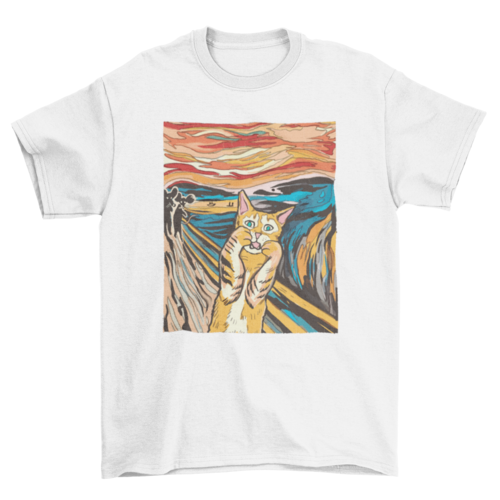 Turquoise Theseus The Scream parody cat t-shirt featuring a graphic print of a feline artwork on a casual black T-shirt.