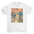 Turquoise Theseus The Scream parody cat t-shirt featuring a graphic print of a feline artwork on a casual black T-shirt.