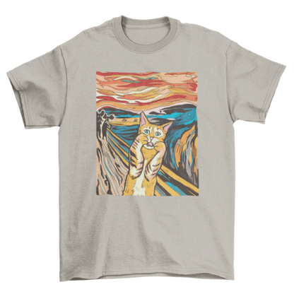Turquoise Theseus The Scream parody cat T-shirt featuring a vibrant print of a screaming cat illustration on a casual T-shirt.