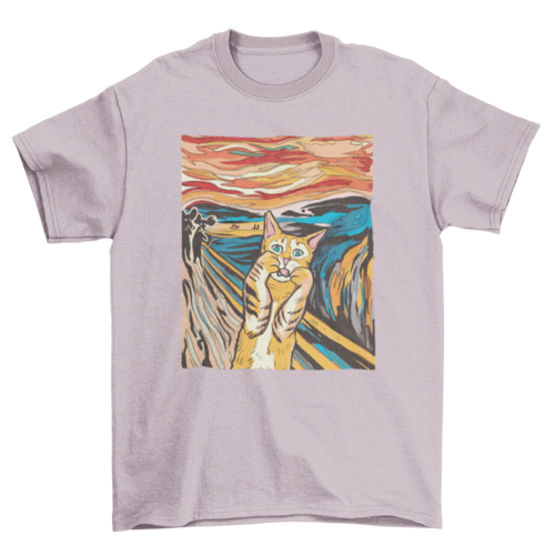 Turquoise Theseus parody cat T-shirt featuring The Scream artwork, casual clothing with vibrant print and relaxed fit.