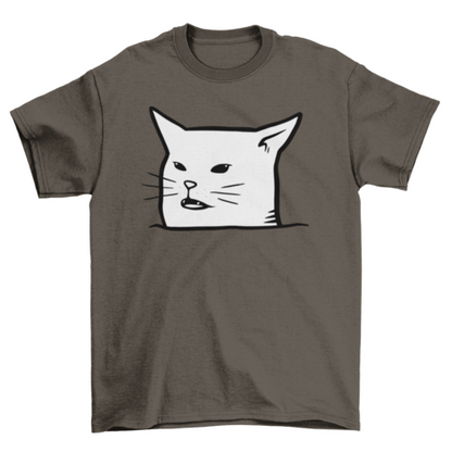 Black cat T-shirt featuring a humorous design from Turquoise Theseus with "Unimpressed Meh" graphic on the front.