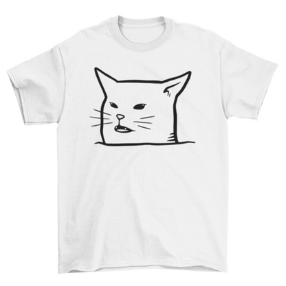 Black cat T-shirt from Turquoise Theseus featuring an unamused meh expression, displayed flat with a focus on the graphic design.