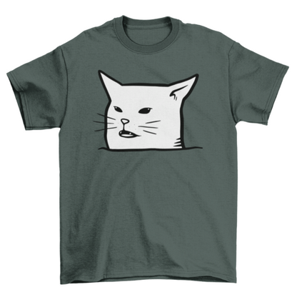 Black cat T-shirt featuring a humorous "Unimpressed Meh" design by Turquoise Theseus, casual wear for cat lovers.