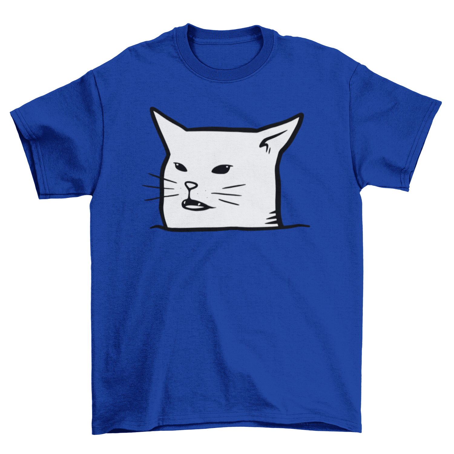 Black cat T-shirt featuring a bored expression, from Turquoise Theseus Unimpressed Meh collection, casual graphic tee for cat lovers.