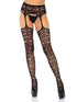 Black Scroll Lace Stockings with attached Garter Belt by Viridian Leto, showing intricate lace design and adjustable straps.