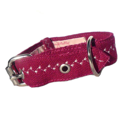 Salmon Oscar Prediletto handmade Valentine heart dog collar with red and pink fabric and decorative heart accents for pets.