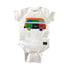 White baby onesie featuring a van print from mi cielo x JUAN DE LASCURAIN by Sky Blue Milo, shown laid flat on a surface.