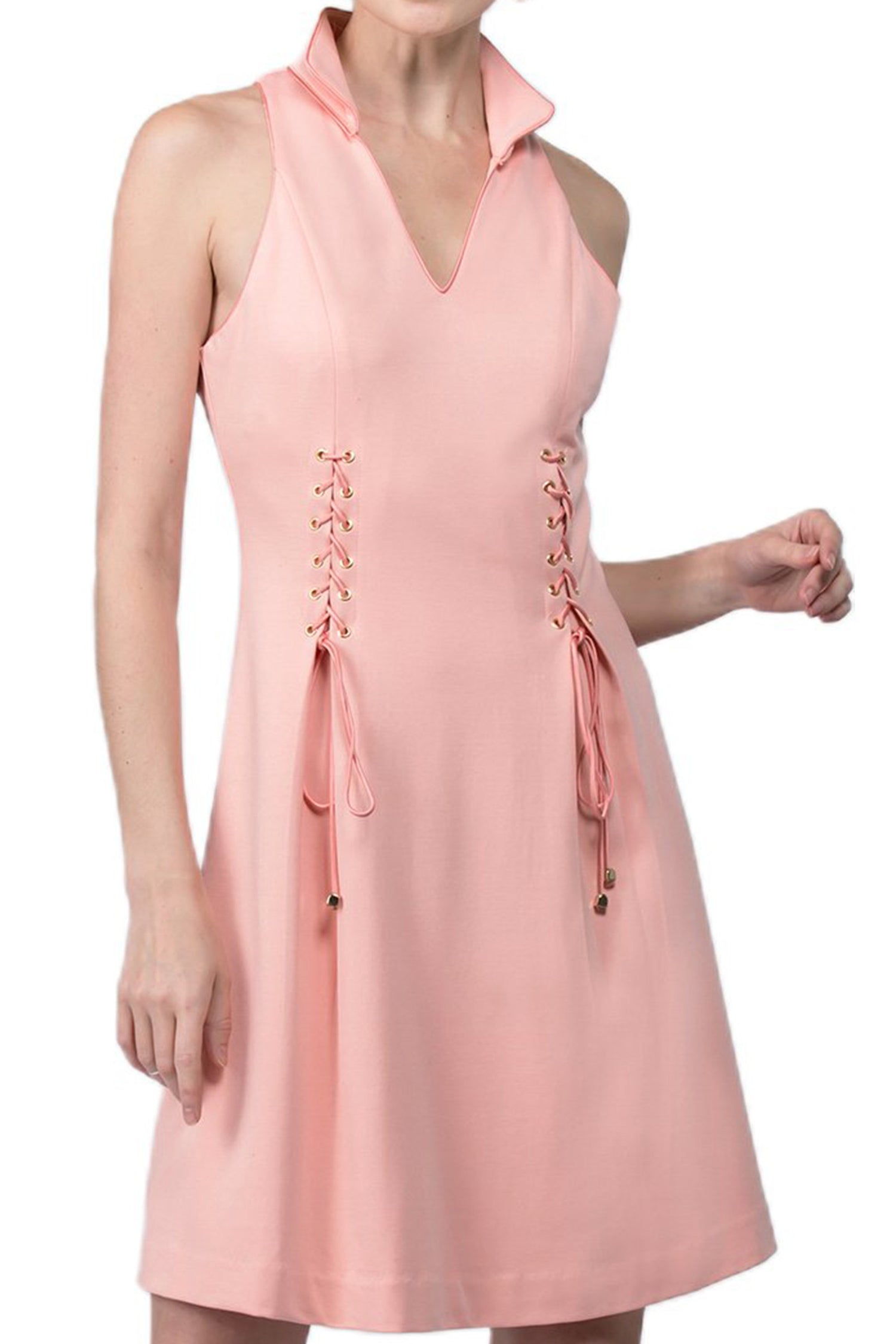 Close-up of Peach Dionysus Vienna Dress featuring a fit and flare style with a wing tip collar and elegant design.