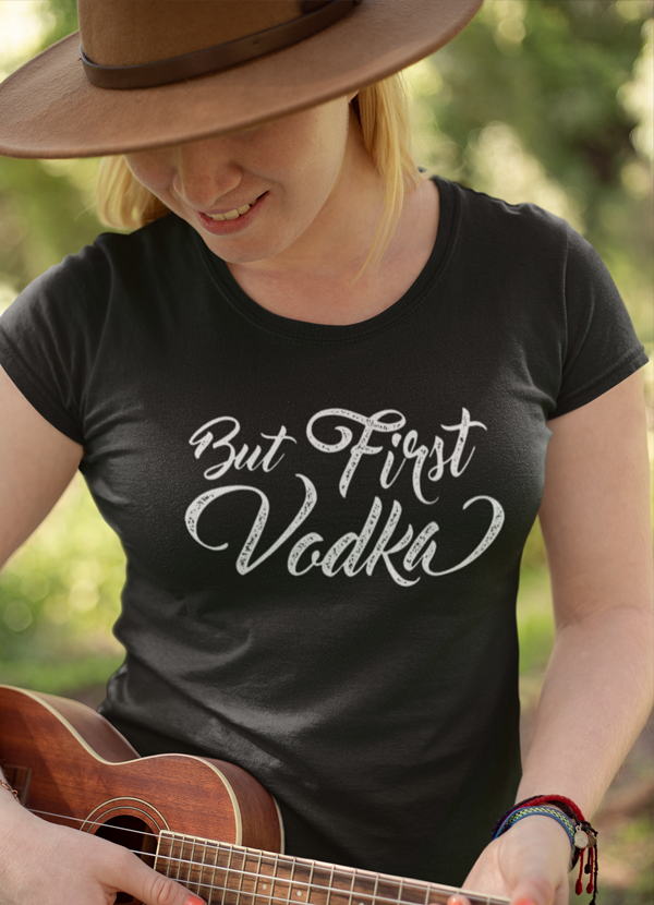 Black T-shirt from Scorpius featuring a bold Vodka First Women graphic design, casual fit, and comfortable fabric.