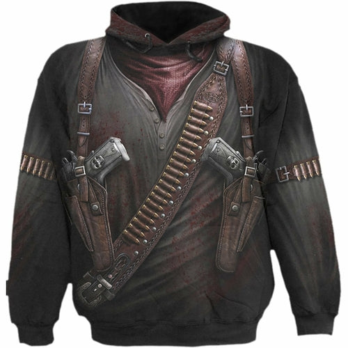 Black Jasper holster wrap allover hoodie in black, featuring a cozy sweater style with a hood and casual fit.