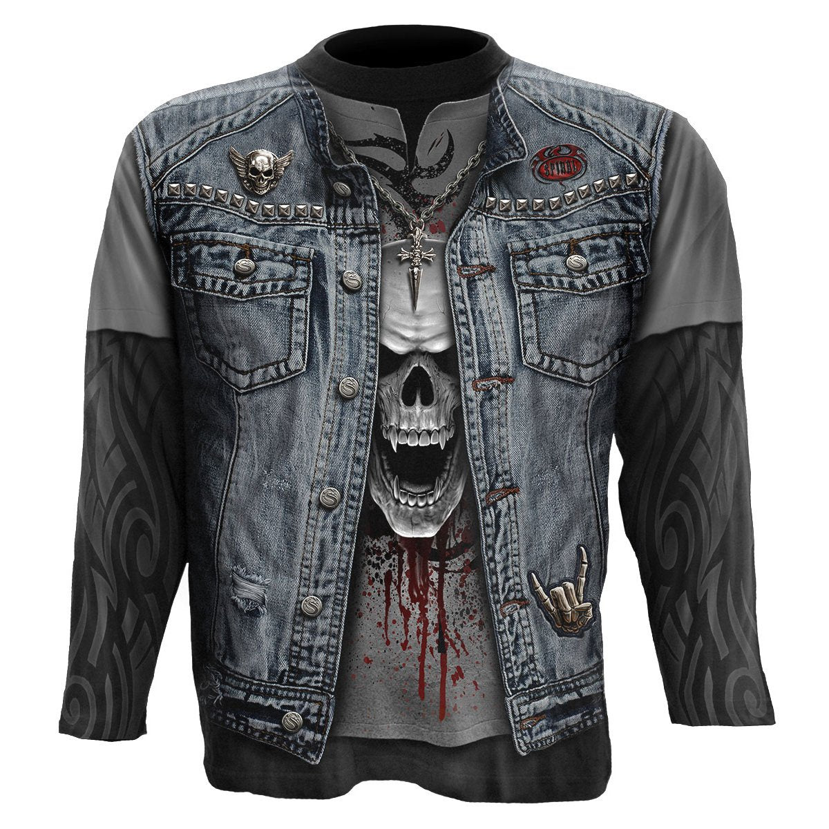Black Jasper thrash metal allover longsleeve T-shirt in black featuring bold graphic design and long sleeves.