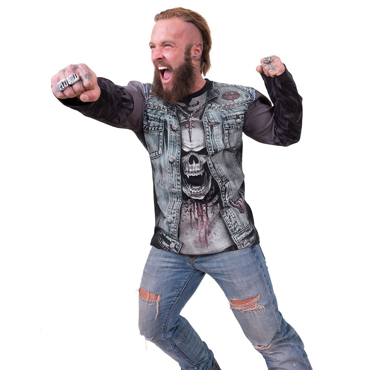 Black Jasper Thrash Metal allover longsleeve T-shirt in black featuring bold, edgy graphic design for a fashion statement.