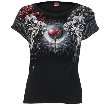 Black Jasper LIFE AND DEATH CROSS allover print cap sleeve top in black, featuring a bold graphic design and stylish fit.