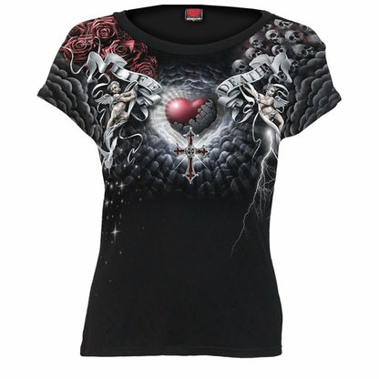 Black Jasper LIFE AND DEATH CROSS allover cap sleeve top in black, featuring bold graphic print on soft fabric.