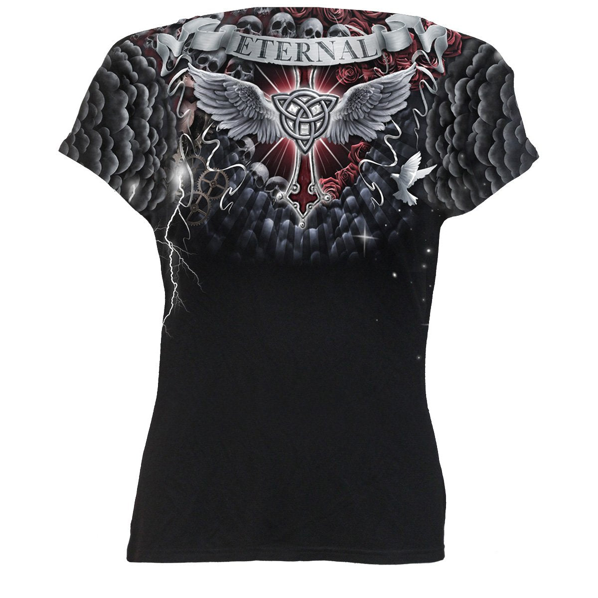 Black Jasper LIFE AND DEATH CROSS allover print cap sleeve top in black, stylish blouse with bold graphic design.
