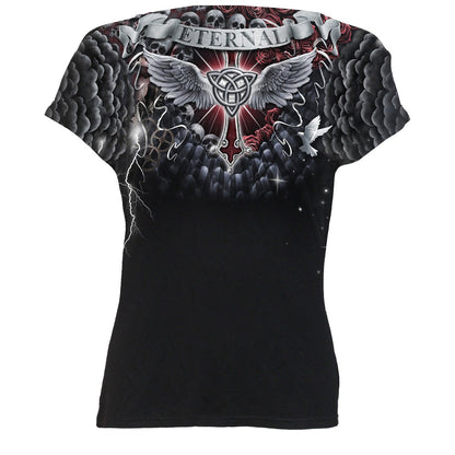 Black Jasper LIFE AND DEATH CROSS allover print cap sleeve top in black, stylish blouse with bold graphic design.
