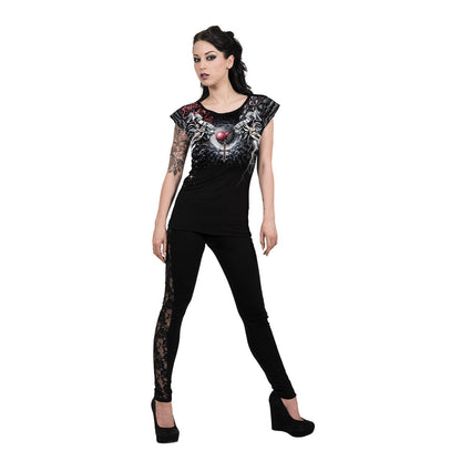 Black Jasper Life and Death Cross allover print cap sleeve top in black, featuring a bold graphic design on the fabric.