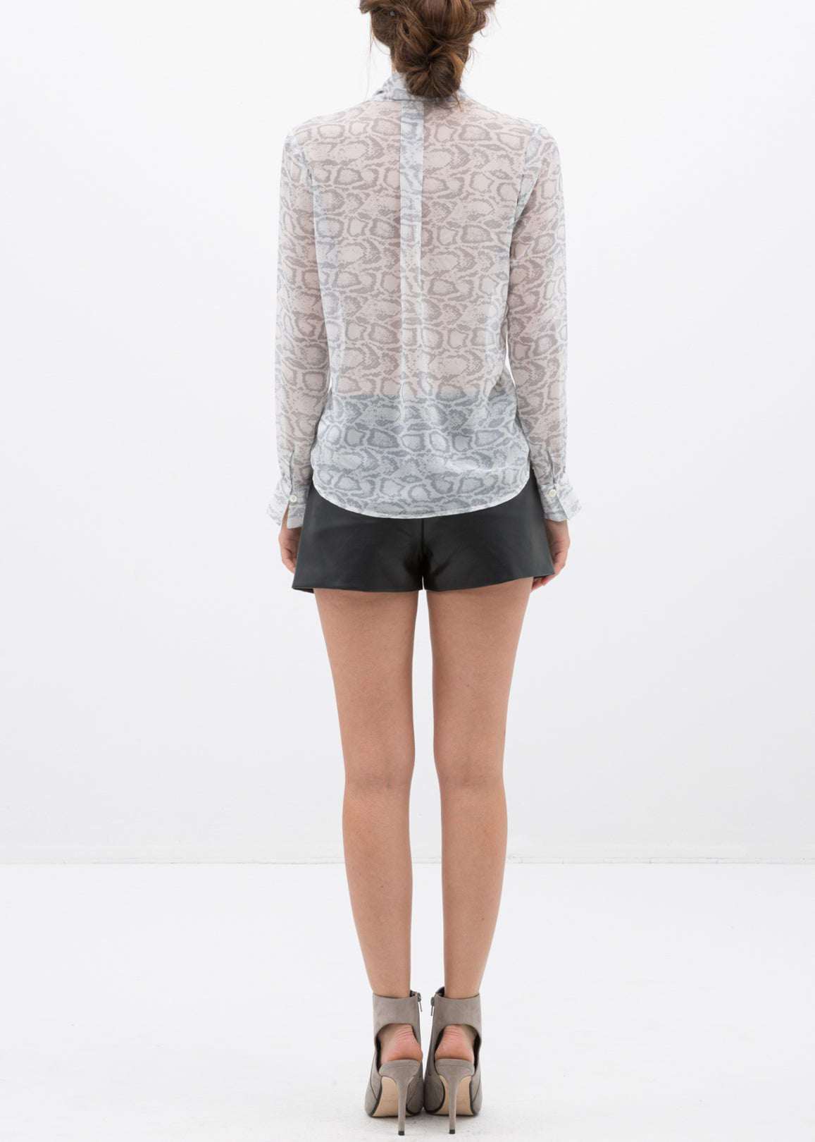 Ivory silver tie-neck sheer blouse by Lemon Hera, featuring delicate fabric and elegant design, perfect for stylish tops and blouses.
