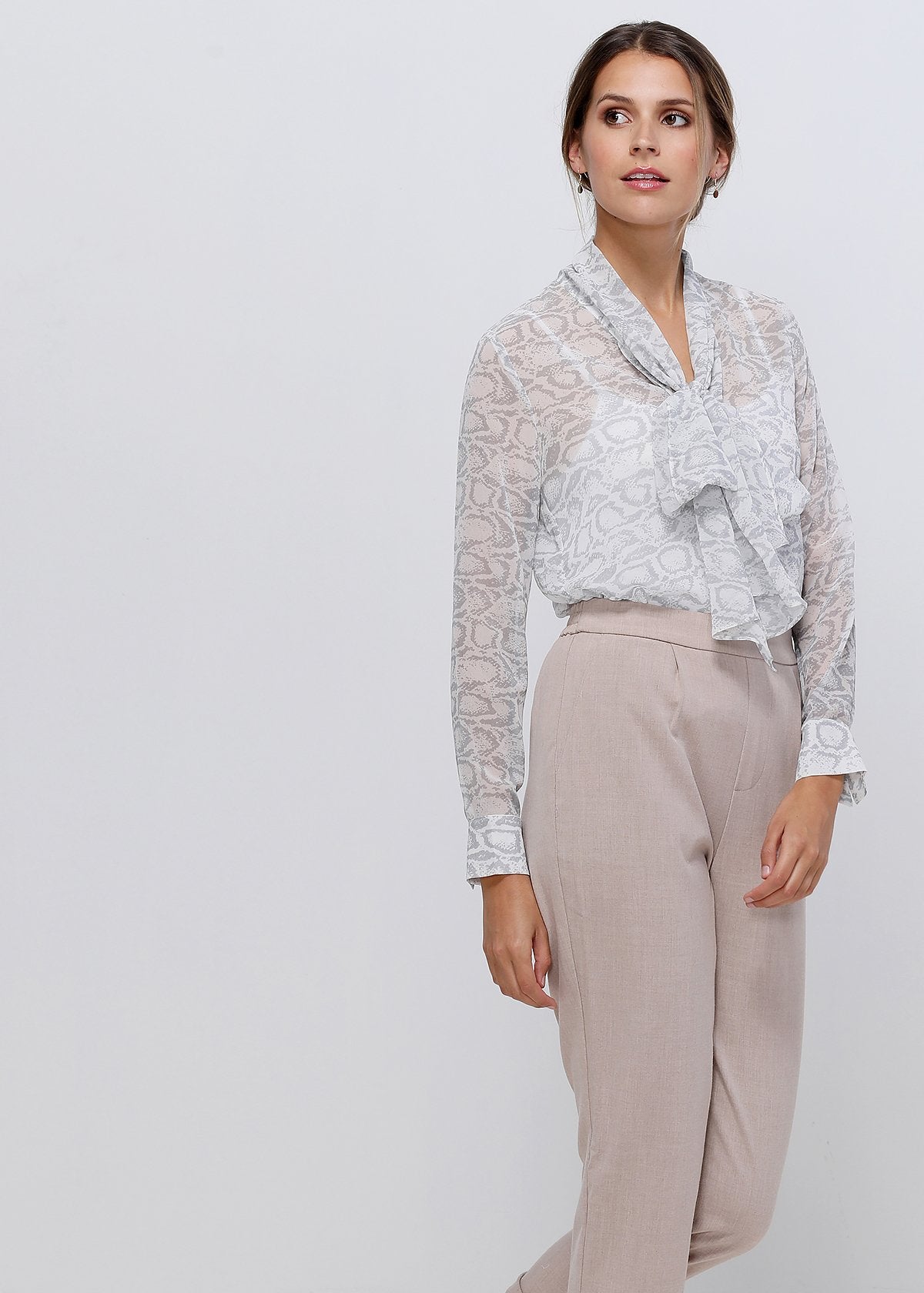 Ivory silver tie neck sheer blouse from Lemon Hera, featuring delicate fabric and elegant design, perfect for stylish tops and blouses.