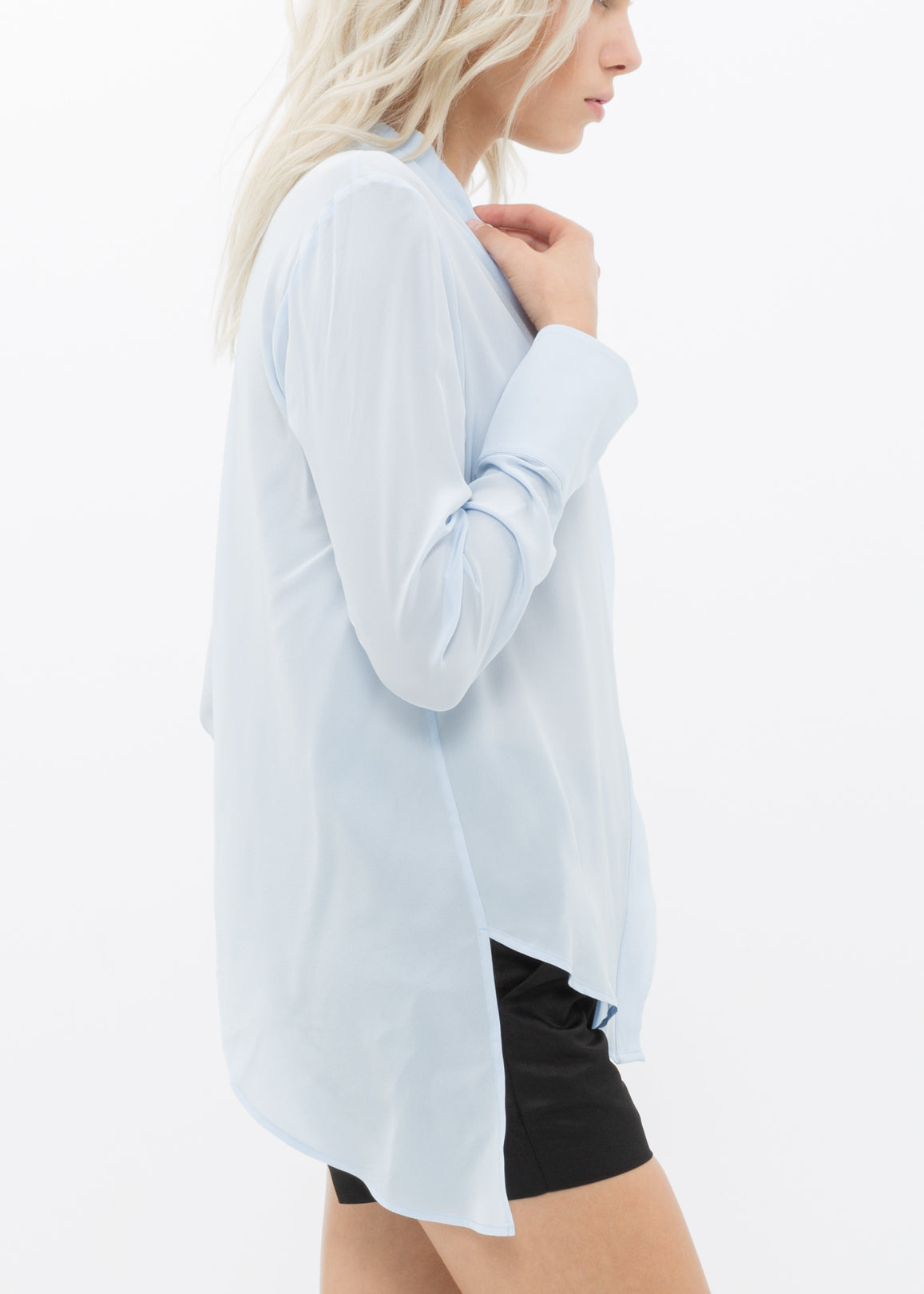 Women’s sheer placket hi-lo blouse by Lemon Hera, featuring a lightweight, flowy design with a high-low hem and button-up front.