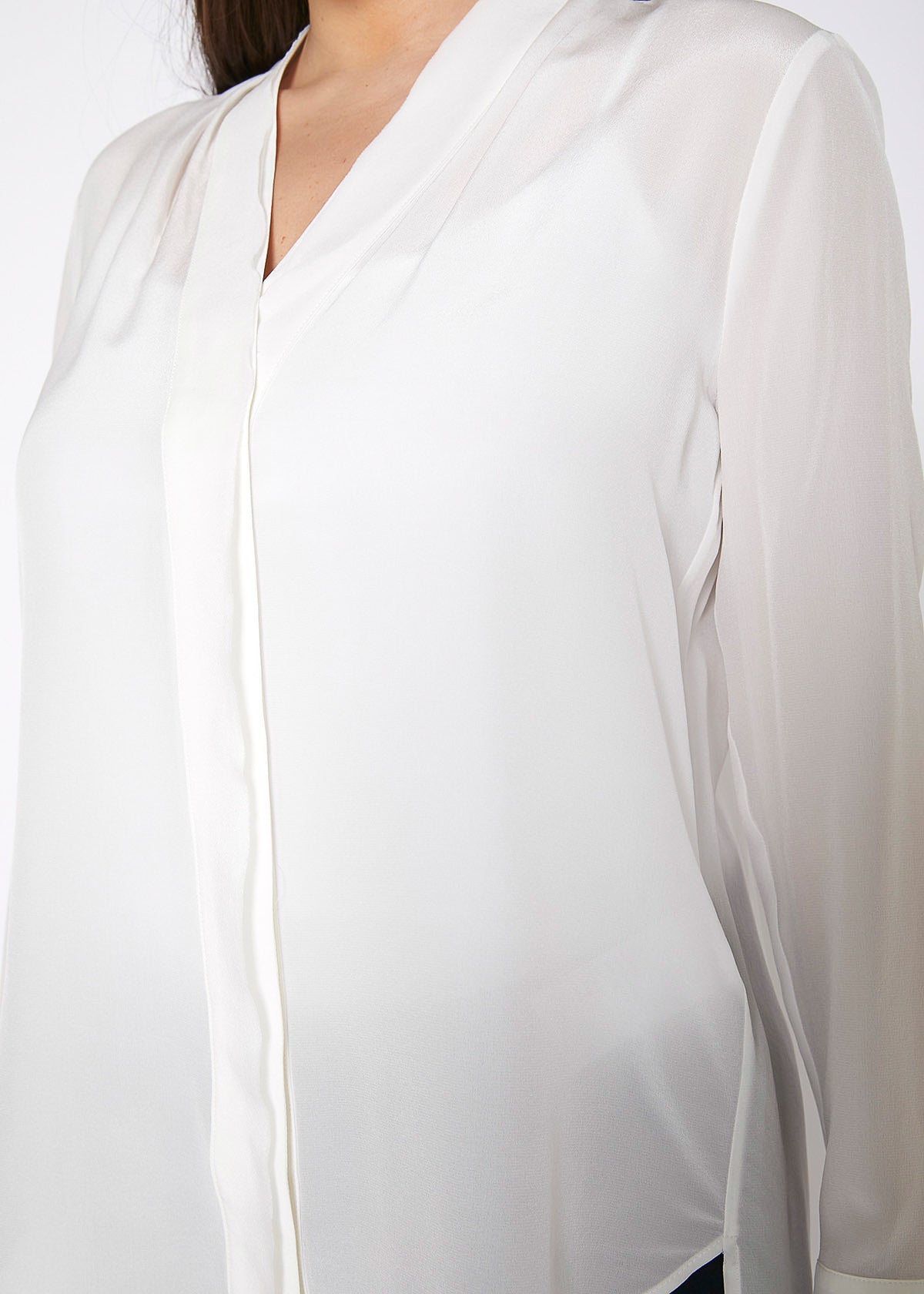 Women’s ivory sheer placket hi-lo blouse by Lemon Hera, featuring lightweight fabric and stylish design, perfect for casual or dressy wear.