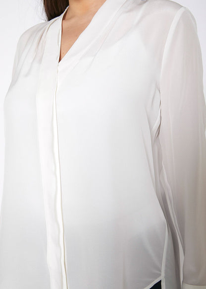 Women’s ivory sheer placket hi-lo blouse by Lemon Hera, featuring lightweight fabric and stylish design, perfect for casual or dressy wear.