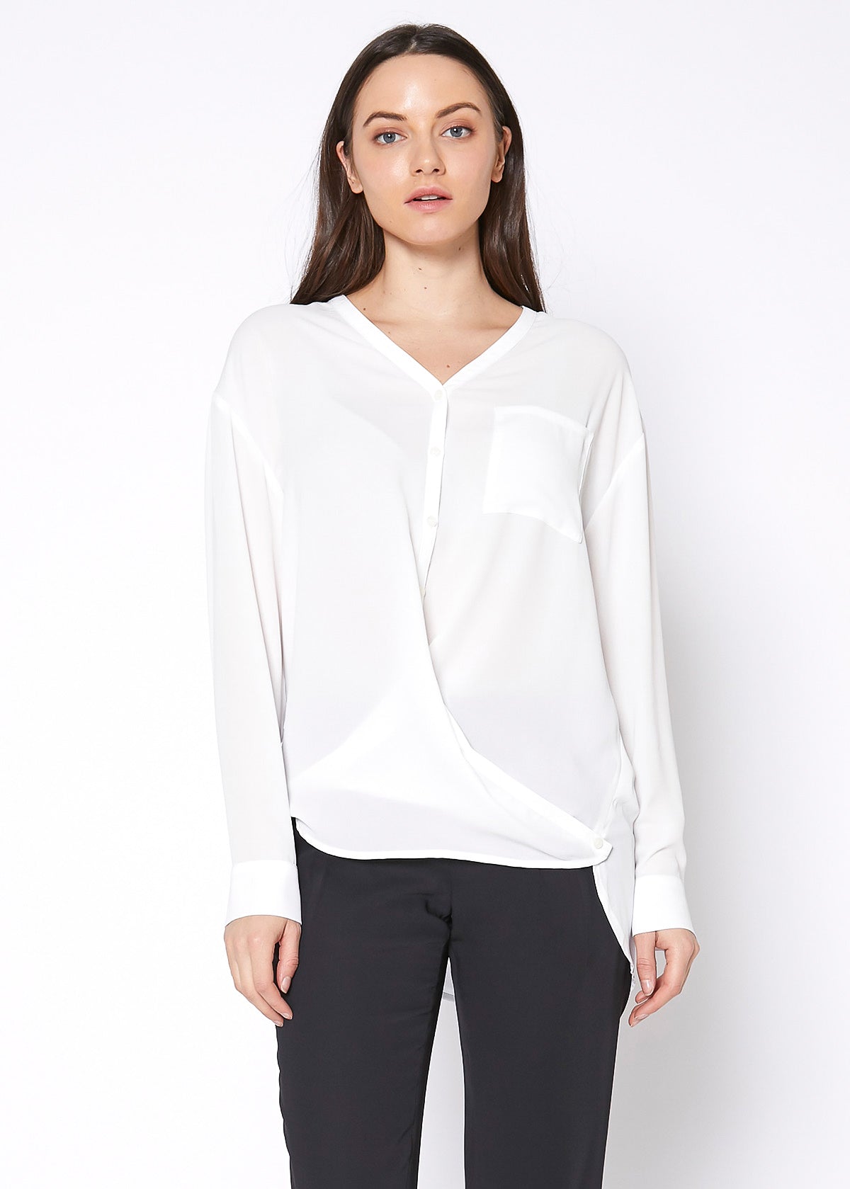 Ivory V-neck wrap hem blouse from Lemon Hera, stylish tops and blouses with a flattering fit and elegant design.