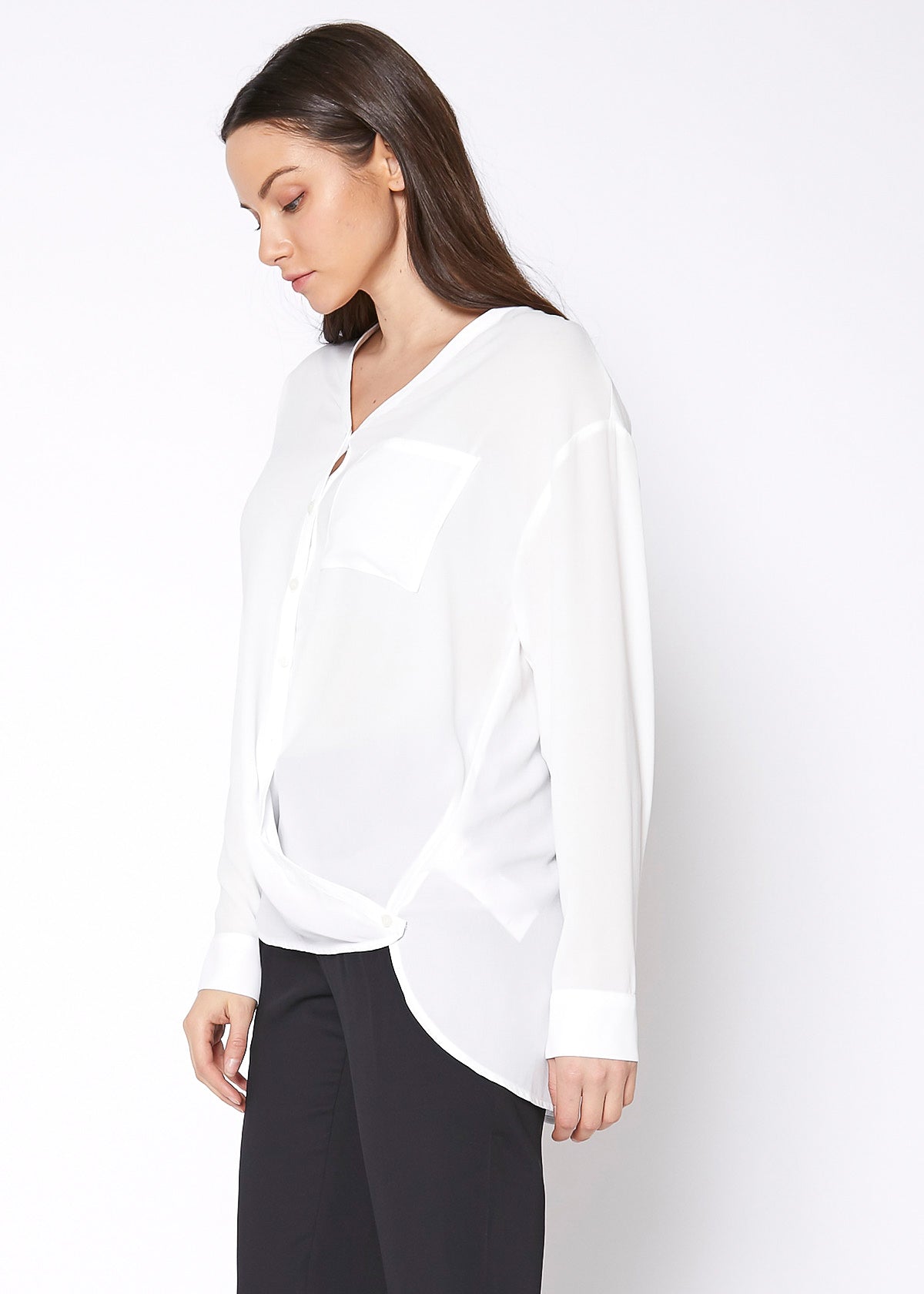 Ivory V-neck wrap hem blouse from Lemon Hera, stylish tops and blouses with a fitted silhouette and elegant design.