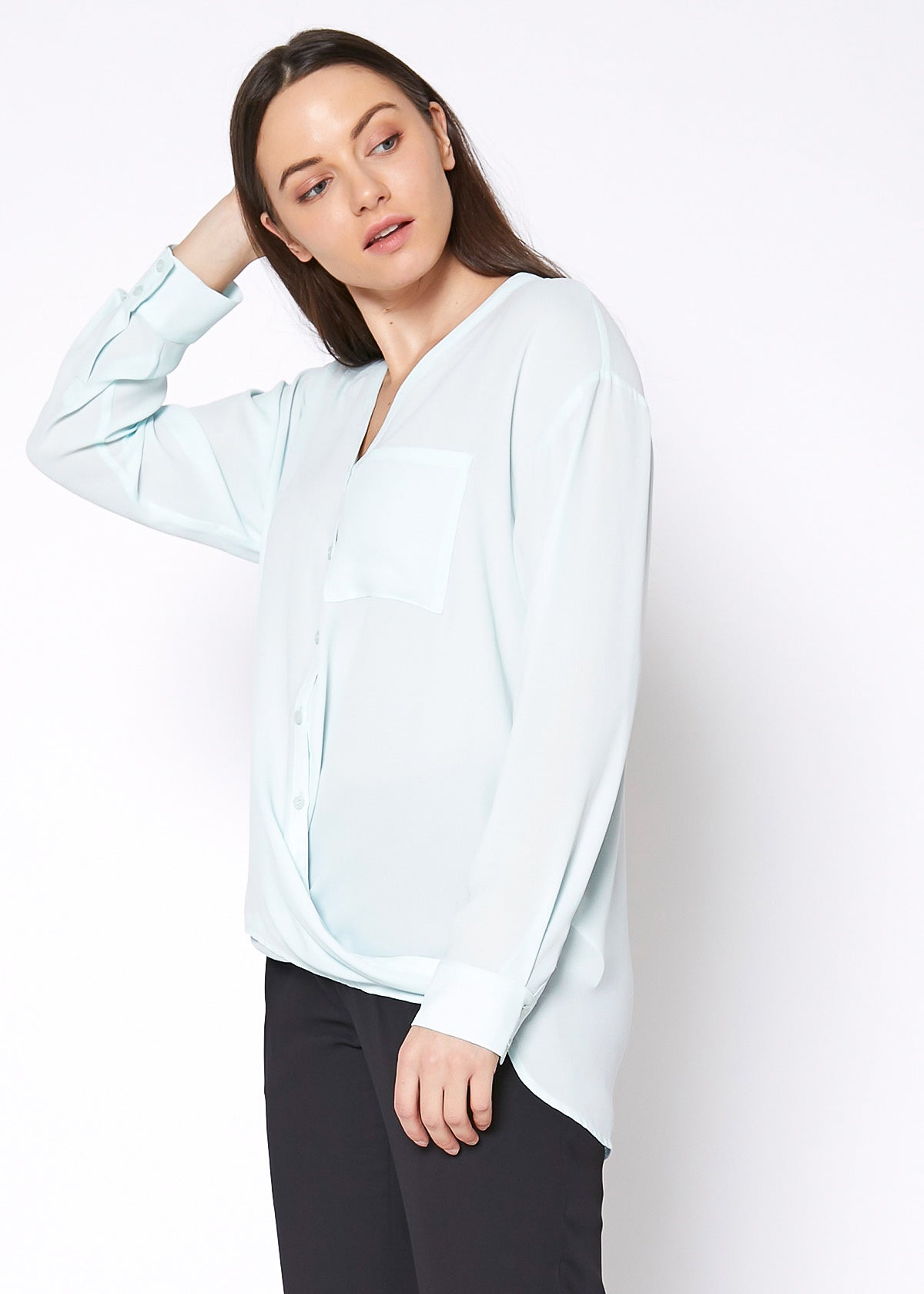 Lemon Hera V-neck wrap hem blouse in peppermint green, stylish tops and blouses with a flattering fit and elegant design.