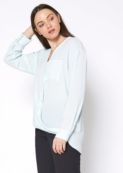 Lemon Hera V-neck wrap hem blouse in peppermint green, stylish tops and blouses with a flattering fit and elegant design.