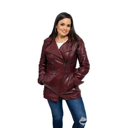 Orange Pontus Traci oxblood jacket with front zip-up, stylish coat featuring a sleek design and warm fabric.