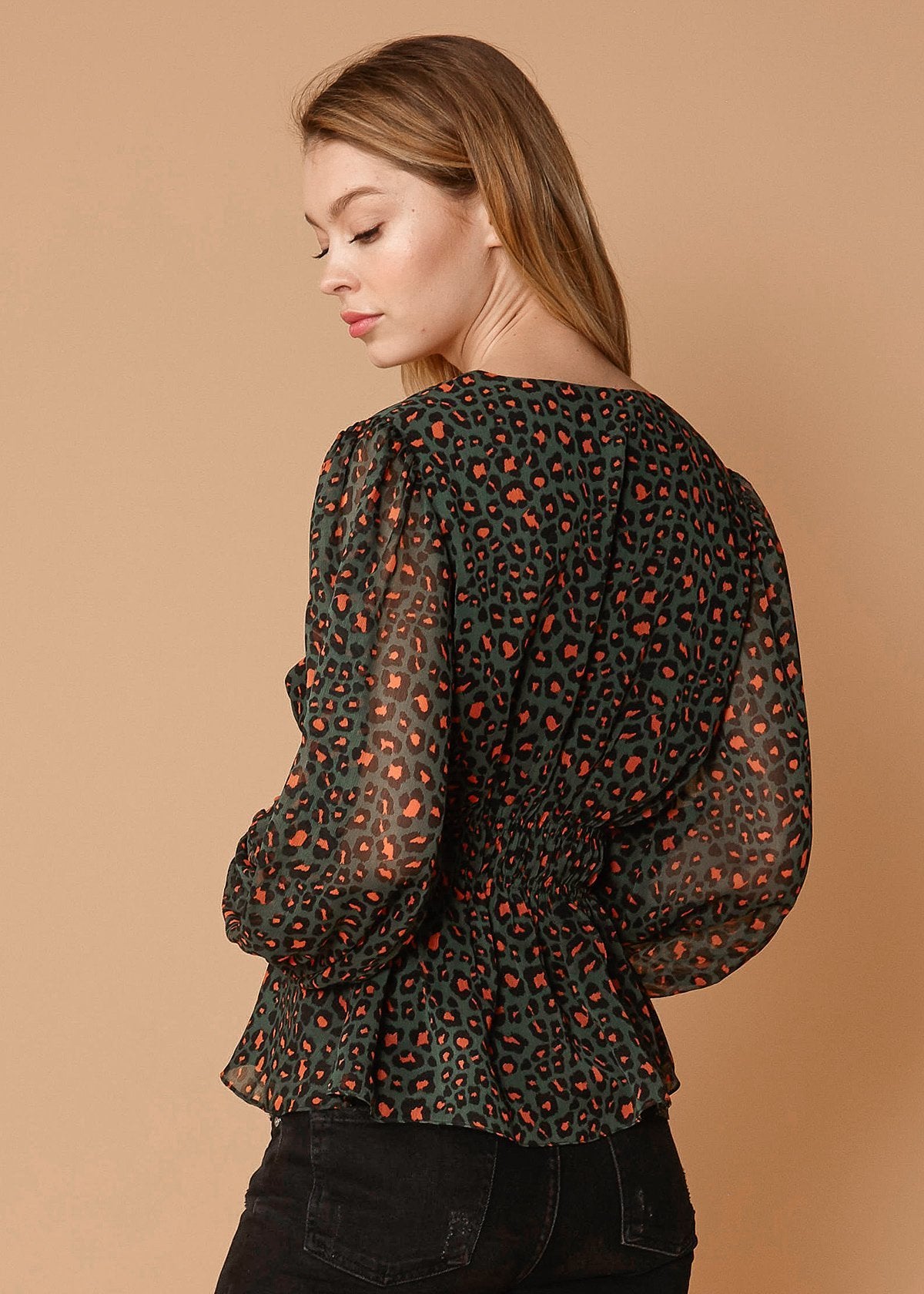 Leopard print V-neck puff sleeve blouse from Lemon Hera, stylish tops and blouses for casual or dressy occasions.