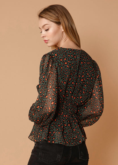 Leopard print V-neck puff sleeve blouse from Lemon Hera, stylish tops and blouses for casual or dressy occasions.