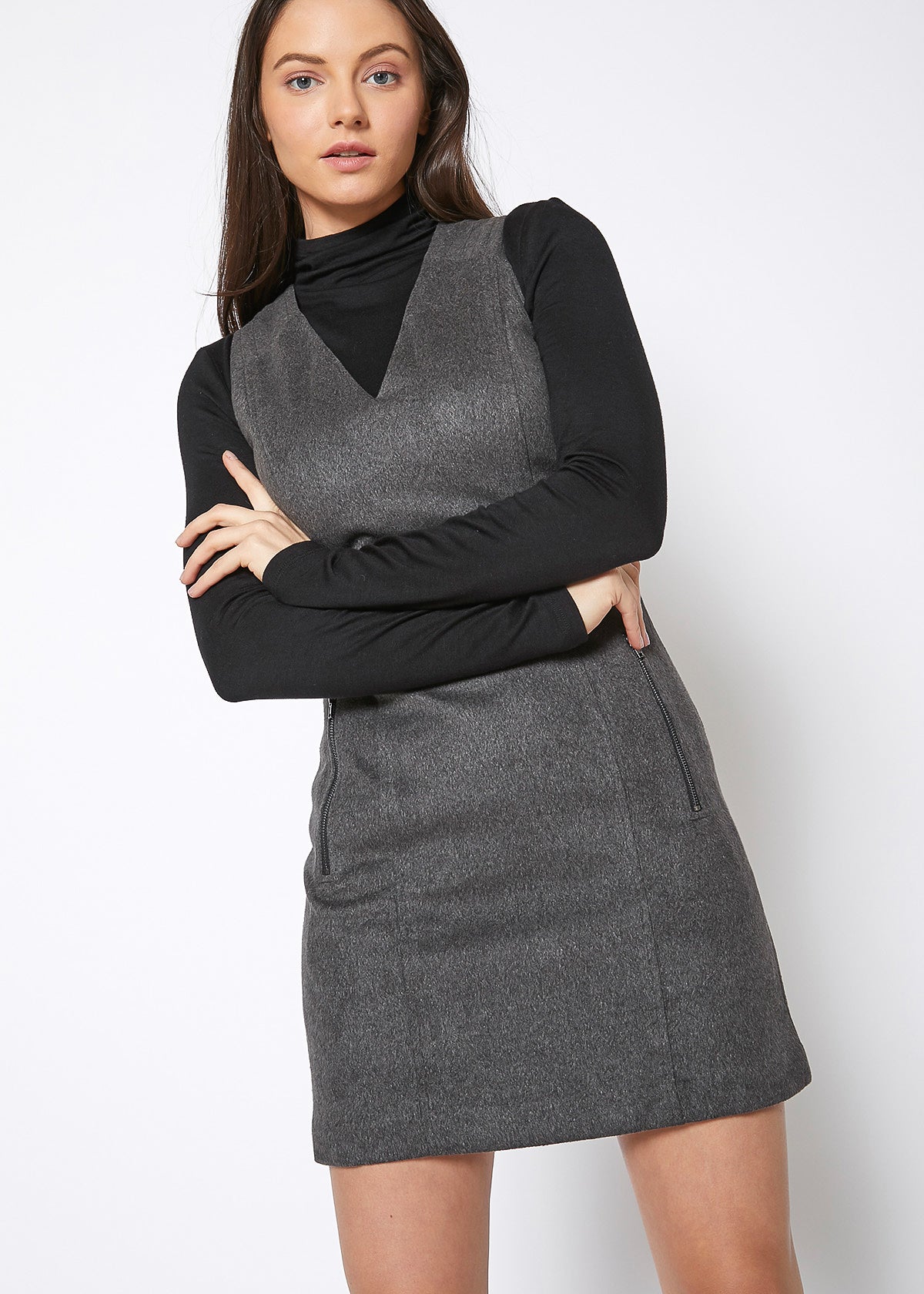 Charcoal brushed wool V-neck tank mini dress by Lemon Hera, showing the soft fabric and fitted sleeveless design.