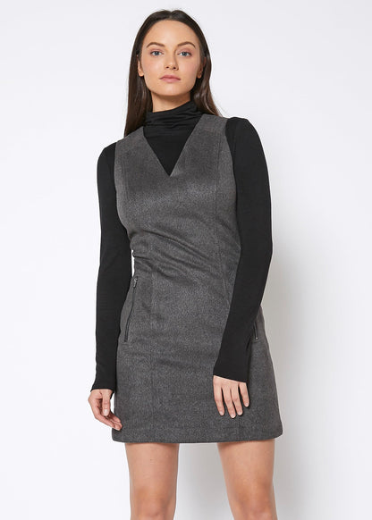 Charcoal brushed wool V-neck tank mini dress by Lemon Hera, featuring a fitted sleeveless design with a soft, textured fabric.