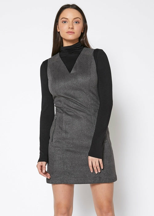 Charcoal brushed wool V-neck tank mini dress by Lemon Hera, featuring a fitted silhouette and sleeveless design.