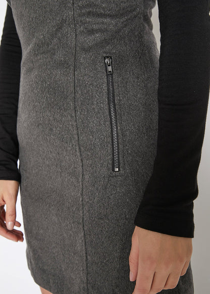 Charcoal brushed wool V-neck tank mini dress by Lemon Hera, featuring a fitted silhouette and sleeveless design.
