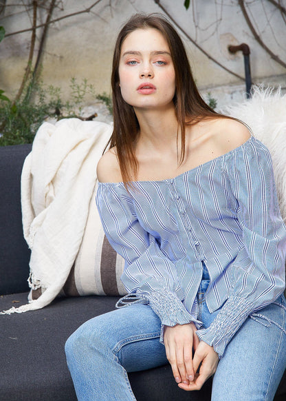 Blue Lemon Hera smocked cuff button front peplum blouse for women, stylish tops and blouses with feminine design.