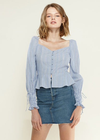 Blue Lemon Hera smocked cuff button-front peplum blouse, stylish top with detailed cuffs and feminine silhouette.