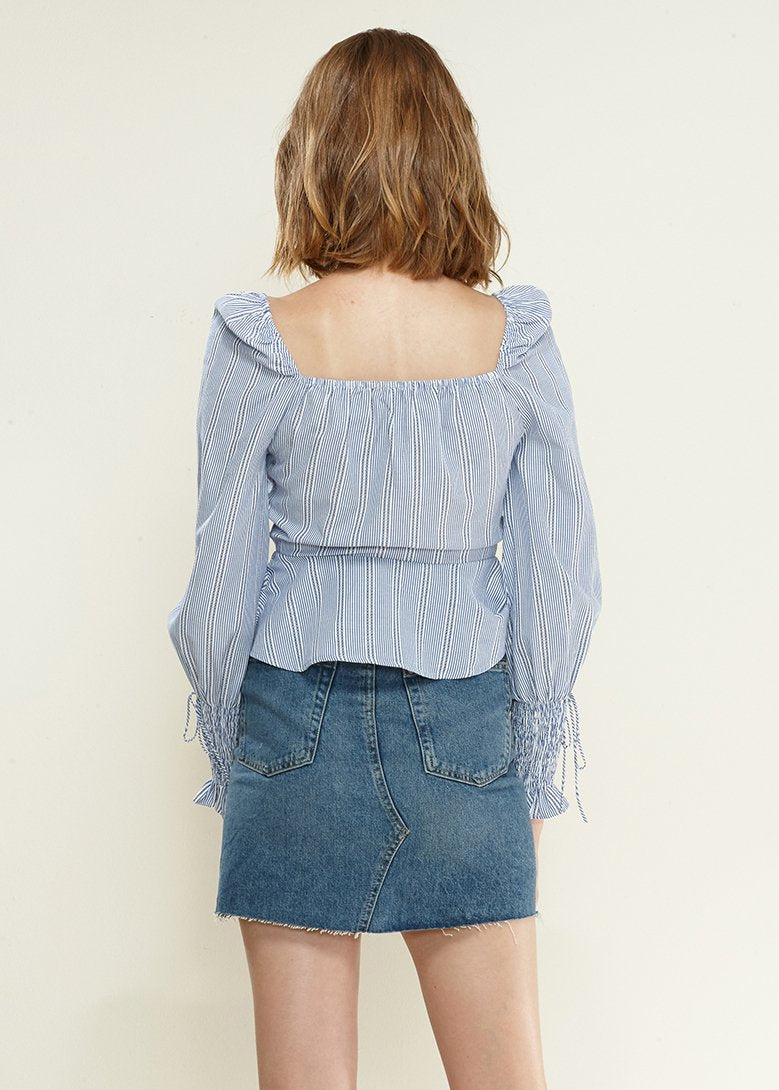 Blue smocked cuff button-front peplum blouse by Lemon Hera, stylish tops and blouses with feminine detailing.