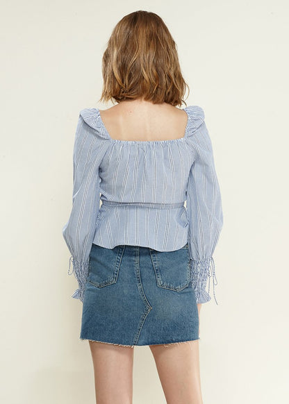 Blue smocked cuff button-front peplum blouse by Lemon Hera, stylish tops and blouses with feminine detailing.