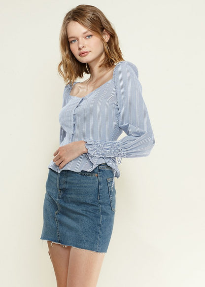 Blue smocked cuff button-front peplum blouse from Lemon Hera, stylish tops and blouses with feminine design.
