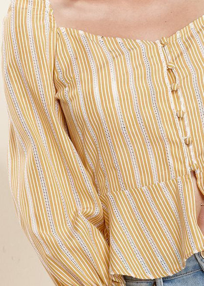 Yellow smocked cuff peplum blouse with button front from Lemon Hera, stylish tops and blouses for a chic look.