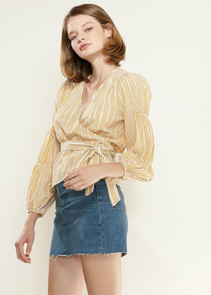 Yellow Lemon Hera smocked sleeve stripe wrap blouse with ruffled accents, perfect for casual or stylish occasions.