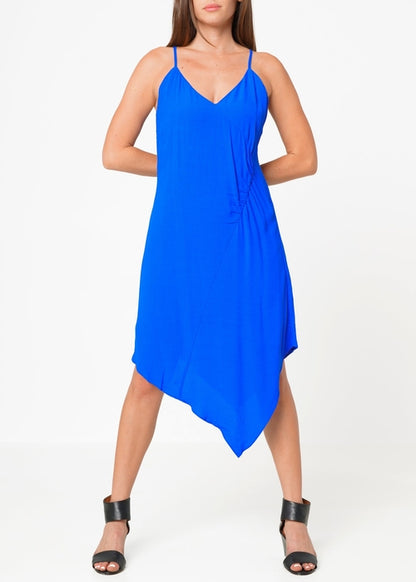 Blue solid asymmetrical hem V-neck dress by Lemon Hera, stylish dress with unique hem detail and elegant fit.