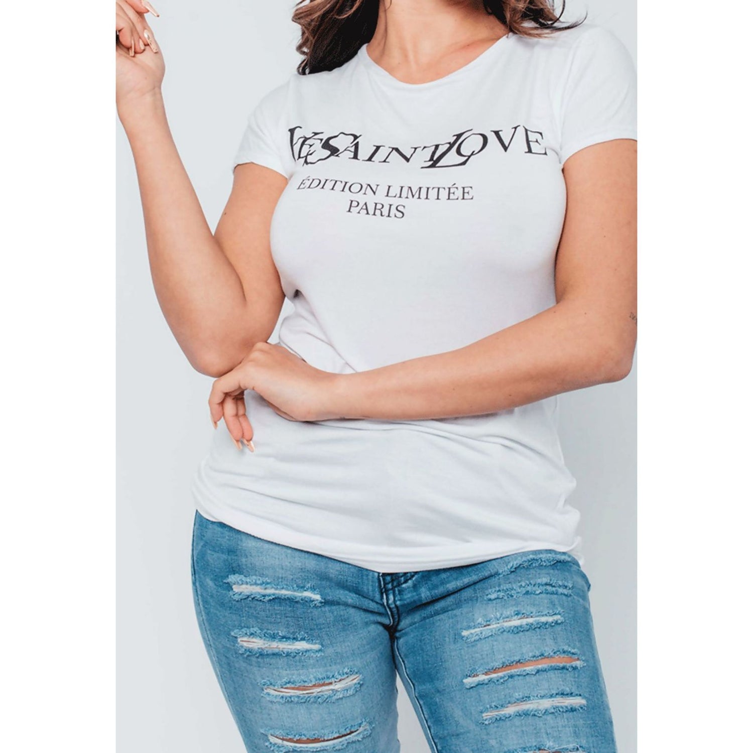 White Ye Saint Love Tee top for women by Azure Theseus, featuring a casual fit and graphic print on soft cotton fabric.