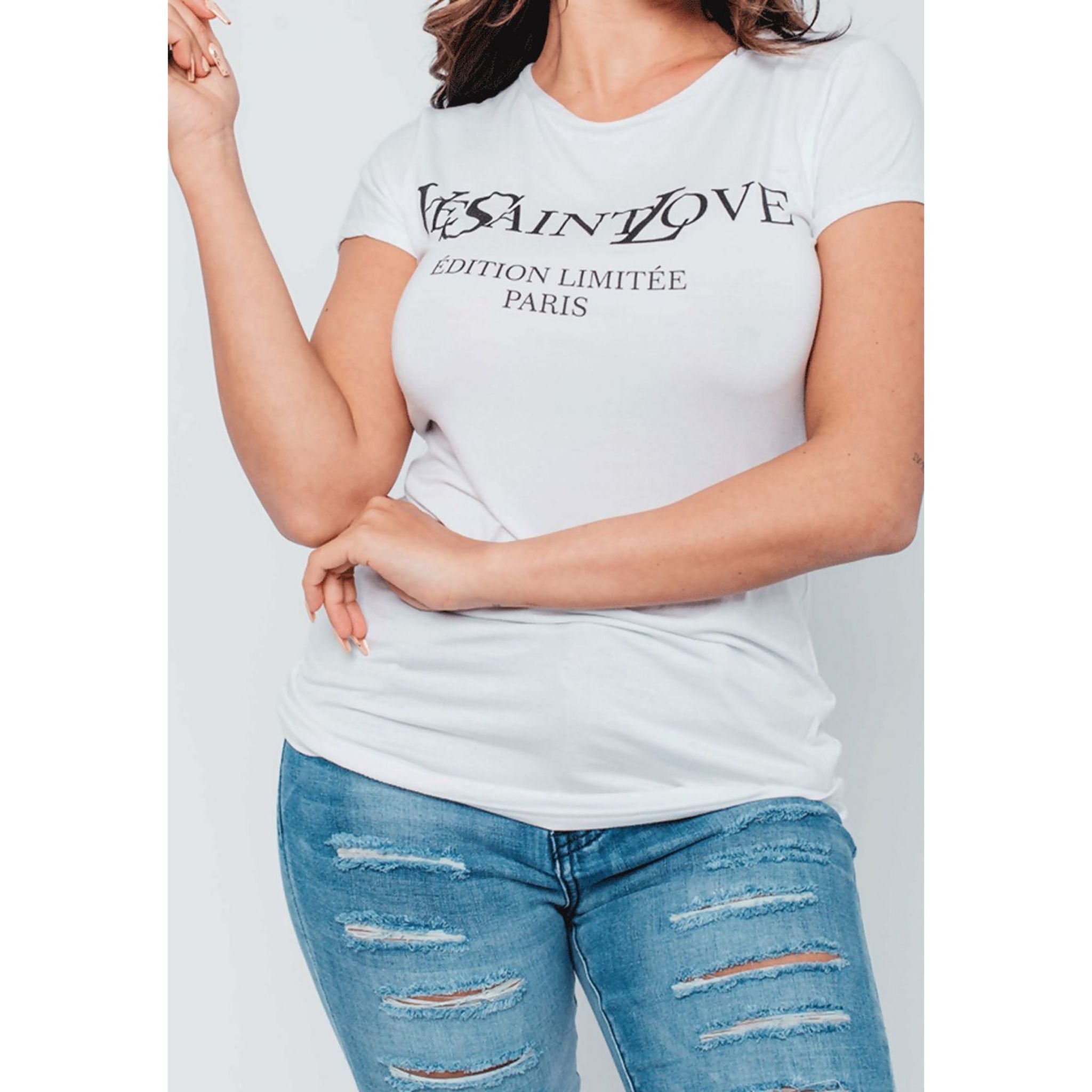 White Ye Saint Love Tee top for women by Azure Theseus, featuring a casual fit and graphic print on soft cotton fabric.