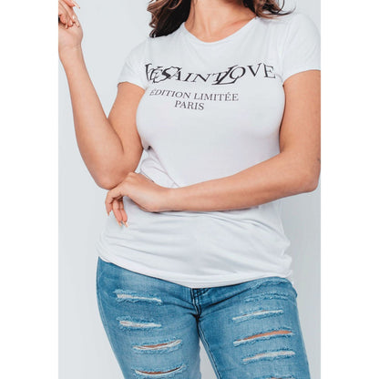 White Ye Saint Love Tee top for women by Azure Theseus, featuring a casual fit and graphic print on soft cotton fabric.